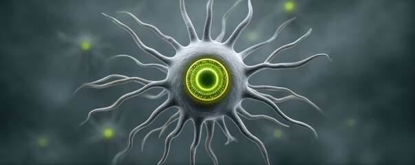 A digital illustration of a microscopic single-celled organism with tentacle-like protrusions and a glowing green center, set against a dark, blurry background.