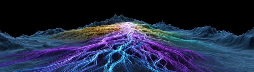 A vibrant, multicolored digital terrain map with glowing, flowing lines representing elevation and data streams against a black background.