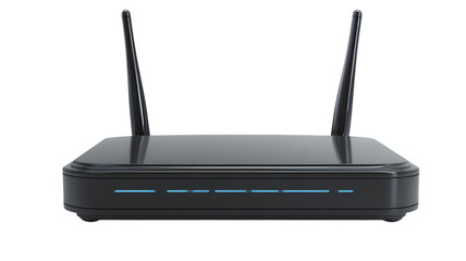 Fototapeta premium Modern wireless router for home network and internet connectivity with dual antennas and blue led lights, high-speed data transfer.