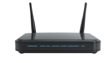 Modern wireless router for home network and internet connectivity with dual antennas and blue led lights, high-speed data transfer.