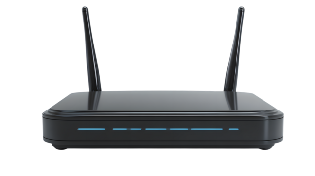 Modern wireless router for home network and internet connectivity with dual antennas and blue led lights, high-speed data transfer.
