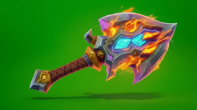 Flaming Battle Axe Isolated on Green Screen a Stylized 3D Render Featuring Fiery Aura Glowing Blue Gemstones Ideal for Fantasy Themed Visual Effects