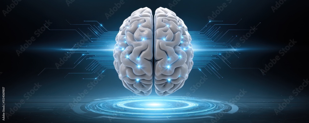 Poster a digital brain illustration with glowing neural circuits symbolizing artificial intelligence and ad