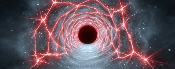 A glowing red neural network forms a tunnel around a dark circular void, symbolizing connectivity and data flow in a futuristic, digital environment.