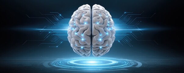 A digital brain illustration with glowing neural circuits symbolizing artificial intelligence and advanced technology in a futuristic design.