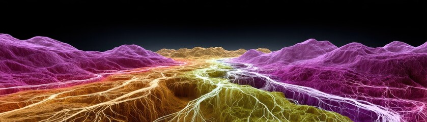 A colorful 3D digital landscape showing abstract mountainous terrain with glowing, vein-like structures in purple, orange, and yellow hues against a black background.