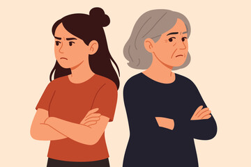 Generation gap vector illustration. Angry senior mother and adult daughter in conflict. Family argument, disagreement, and misunderstanding. Upset parent and child standing back to back.