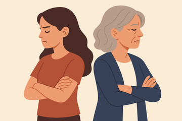 Generation gap vector illustration. Angry mother and daughter with crossed arms not talking. Family quarrel, relationship problems, misunderstanding, and generational conflict.