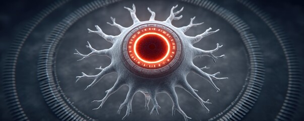 A futuristic, glowing red eye-like core is surrounded by branching, organic structures on a mechanical, circular platform.