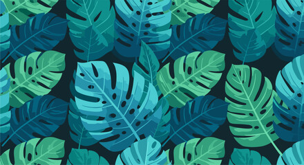 Close-up view of dense tropical leaf pattern with green, blue, and teal colors