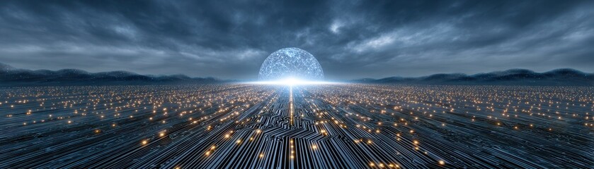 A luminous sphere rises on a vast circuit board landscape under a dramatic cloudy sky, symbolizing futuristic technology and digital connectivity.