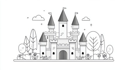 Adult Coloring Page: Detailed Line Art of Castle with Rose Garden | Thick Outline, Sticker Art Style, White Background