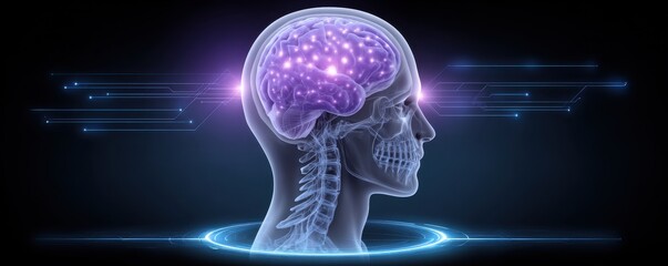 A digital illustration of a human head with a glowing brain, highlighting neural connections and futuristic technology in a blue and purple color scheme.