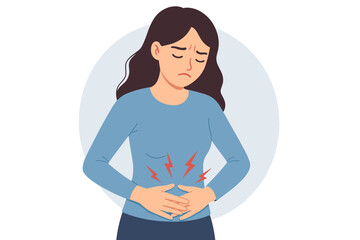 Woman suffering from stomach ache. Girl with menstrual period pain or abdominal cramps. Concept of health problem, digestion issues, PMS, gastritis, nausea, bloating. Unwell character.