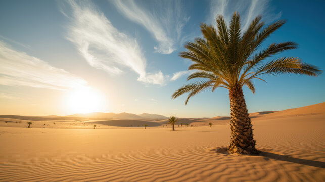 Serene desert landscape featuring tall palm tree against stunning sunset, with soft sand dunes and clear blue sky - Powered by Adobe