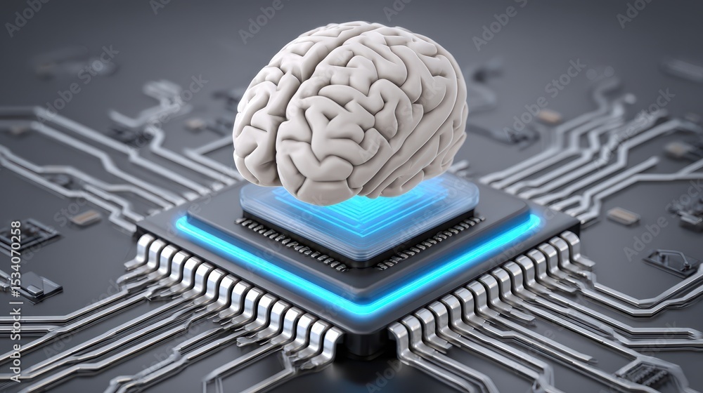 Poster a digital brain model is placed on a glowing microchip, symbolizing the fusion of human intelligence