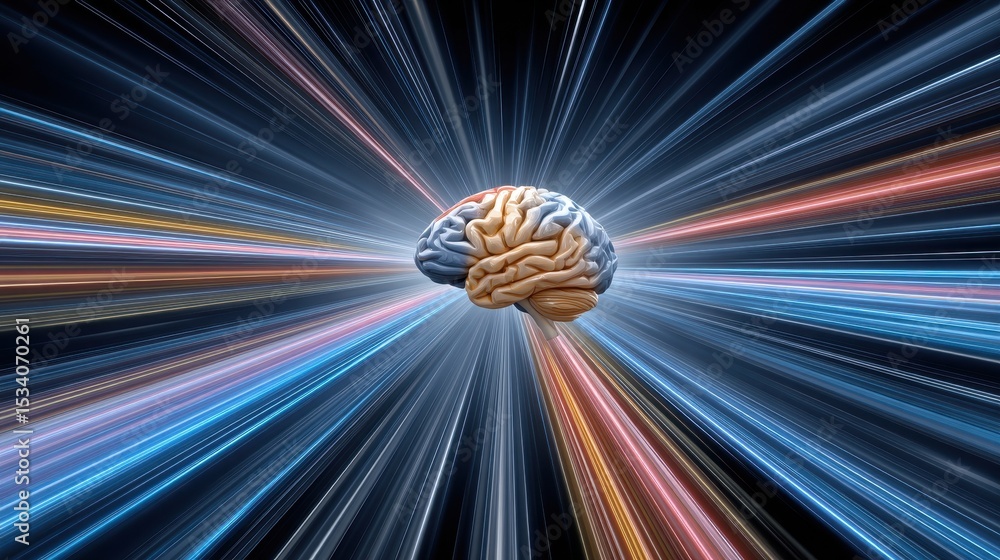 Poster a digital representation of a human brain with dynamic light trails radiating outward, symbolizing i
