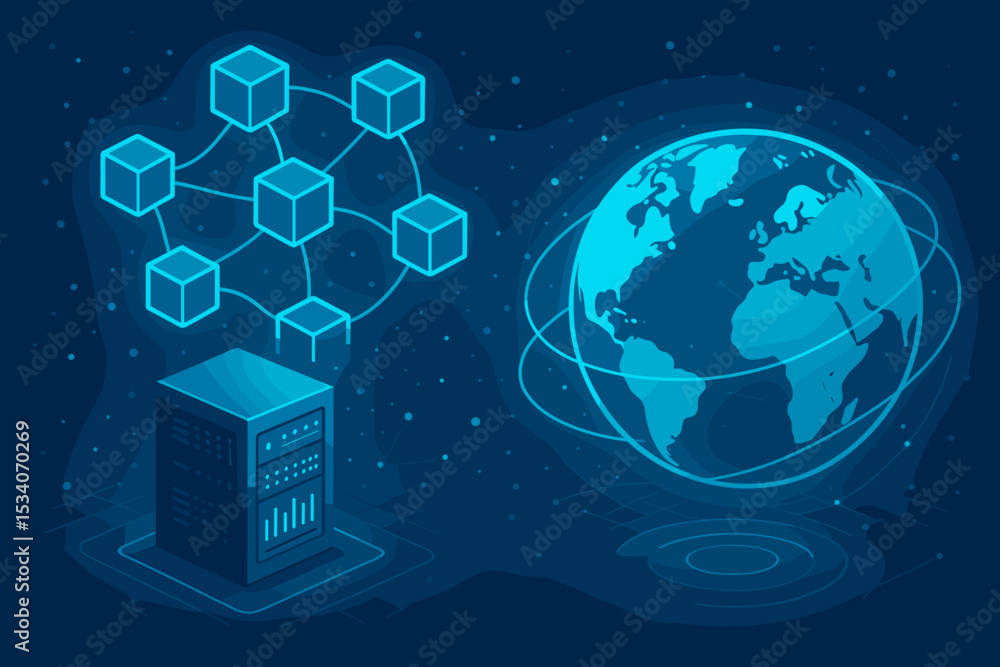 Poster blockchain technology and global network concept. isometric server with data blocks connected worldw