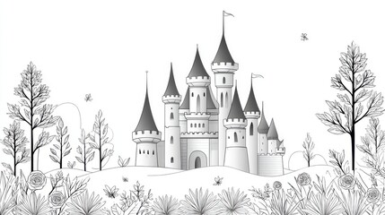 Obraz premium Adult Coloring Page: Detailed Line Art of Castle with Rose Garden | Thick Outline, Sticker Art Style, White Background