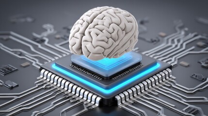 A digital brain model is placed on a glowing microchip, symbolizing the fusion of human intelligence and artificial technology in a futuristic circuit board environment.
