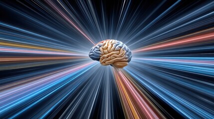 A digital representation of a human brain with dynamic light trails radiating outward, symbolizing intelligence, data flow, and neural connectivity.