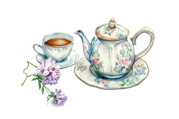 Fototapeta premium Vintage tea time party watercolor clipart featuring floral teapot, elegant cup, and fresh blooms for charming gatherings or stationery design