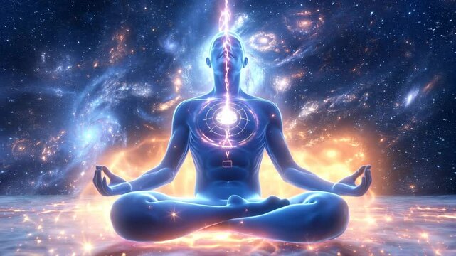 Glowing figure meditating in cosmic space