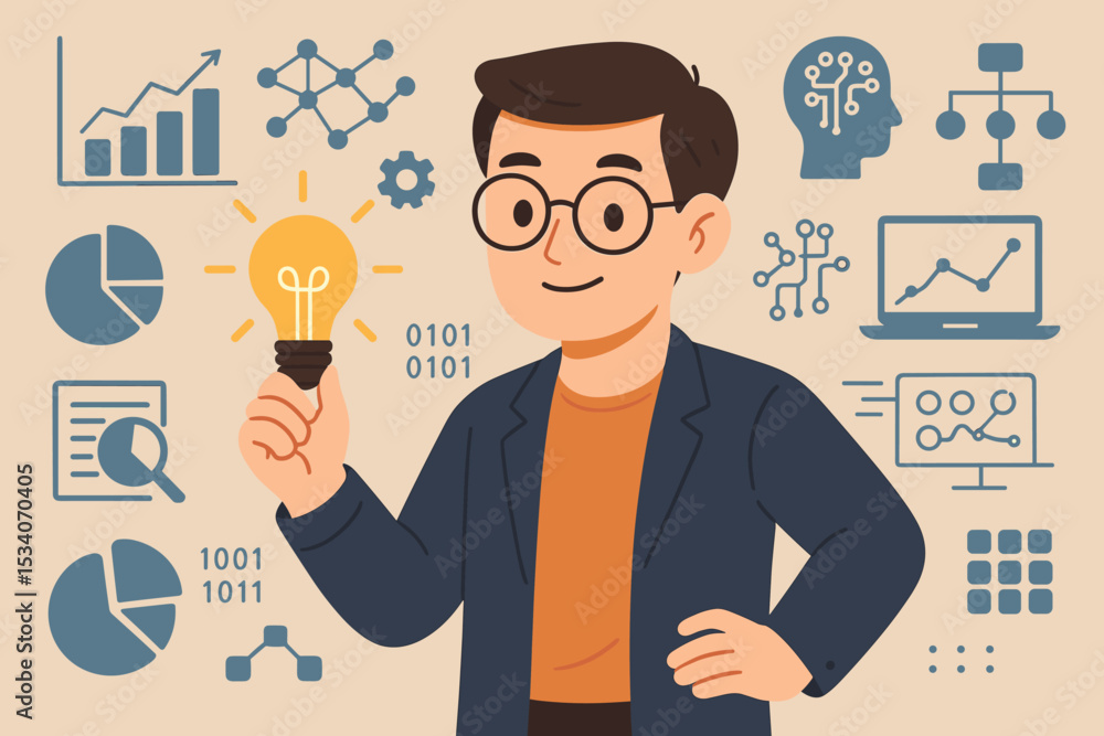 Poster data science and artificial intelligence concept. analyst holding a lightbulb idea. big data analysi