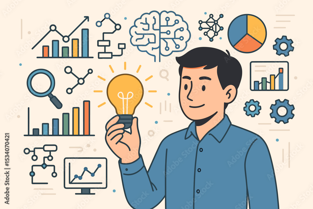 Poster data science and business analysis concept. man holding lightbulb for innovative idea and solution. 