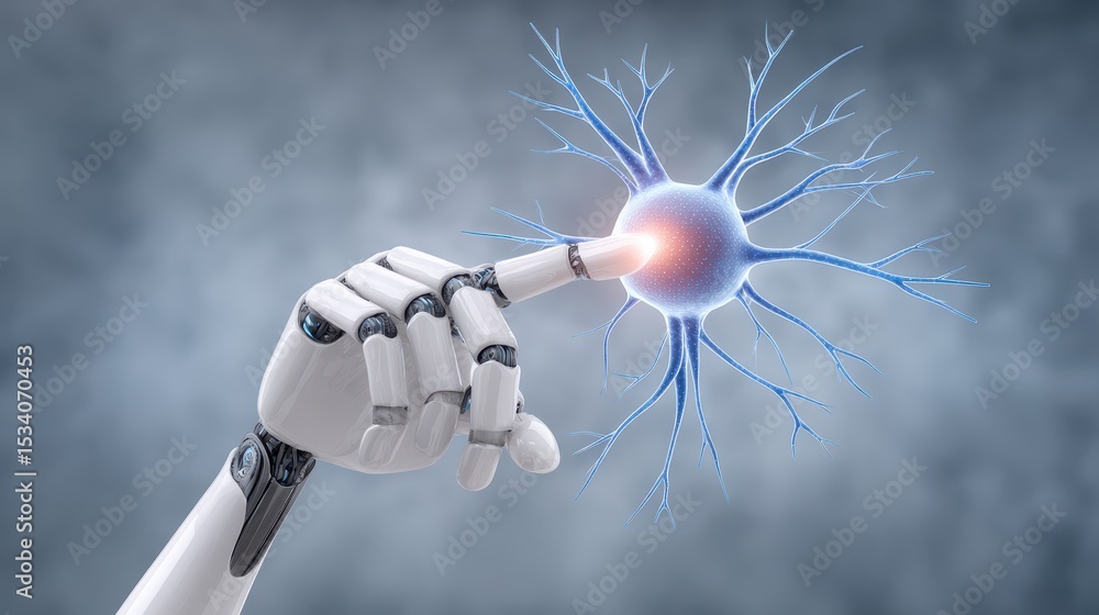 Poster a robotic hand touches a glowing neuron, symbolizing the intersection of artificial intelligence and