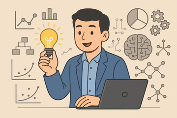 Data science concept with businessman holding lightbulb. Vector for business intelligence, analytics, big data, artificial intelligence, research, problem solving, and strategy.