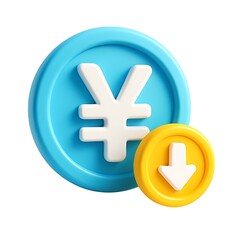 Fototapeta premium 3d icon of yen coin with downward arrow isolated on white background