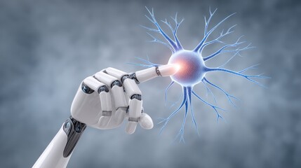 A robotic hand touches a glowing neuron, symbolizing the intersection of artificial intelligence and human brain function.