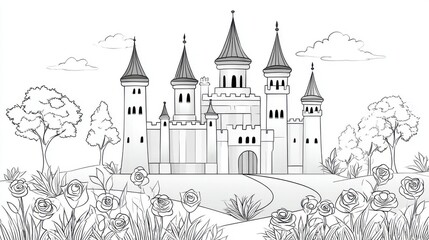 Obraz premium Adult Coloring Page: Detailed Line Art of Castle with Rose Garden | Thick Outline, Sticker Art Style, White Background