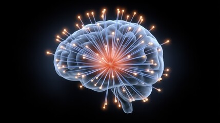 A glowing digital illustration of a human brain with interconnected neural pathways radiating light from a central point.