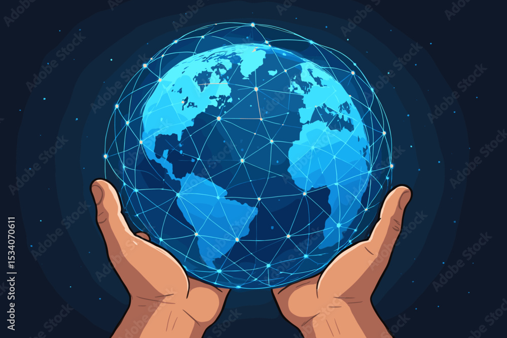 Poster hands holding planet earth with a glowing global network grid. concept of worldwide communication, t