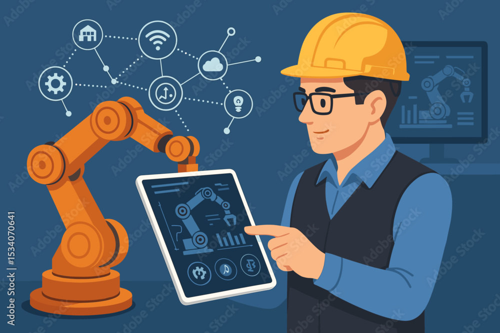 Poster male engineer in hard hat using tablet to program industrial robotic arm. smart factory automation, 