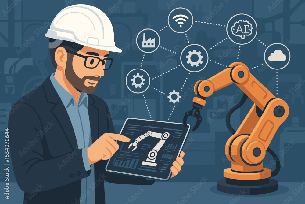 Poster engineer controlling robotic arm with tablet. industry 4.0 concept with ai, iot and automation icons