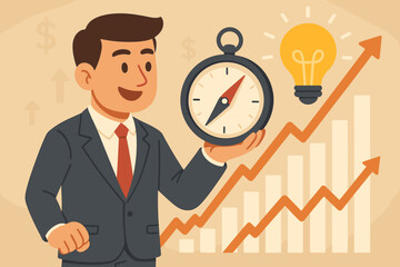 Obraz premium Businessman with compass for navigation and strategy. Concept of business direction, investment growth, and financial success. Man with idea lightbulb and profit chart. Vector.