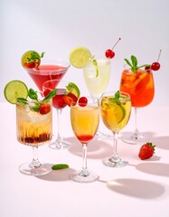 Vibrant summer cocktails with fruit garnishes on pink surface, bold shadows, fresh party vibes.