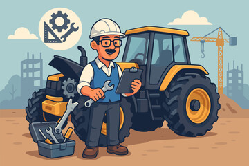 Tractor maintenance and repair service concept. Engineer or mechanic with clipboard and wrench inspecting heavy equipment at a construction site. Vector cartoon illustration.