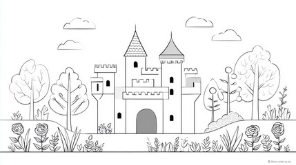 Naklejka premium Adult Coloring Page: Detailed Line Art of Castle with Rose Garden | Thick Outline, Sticker Art Style, White Background