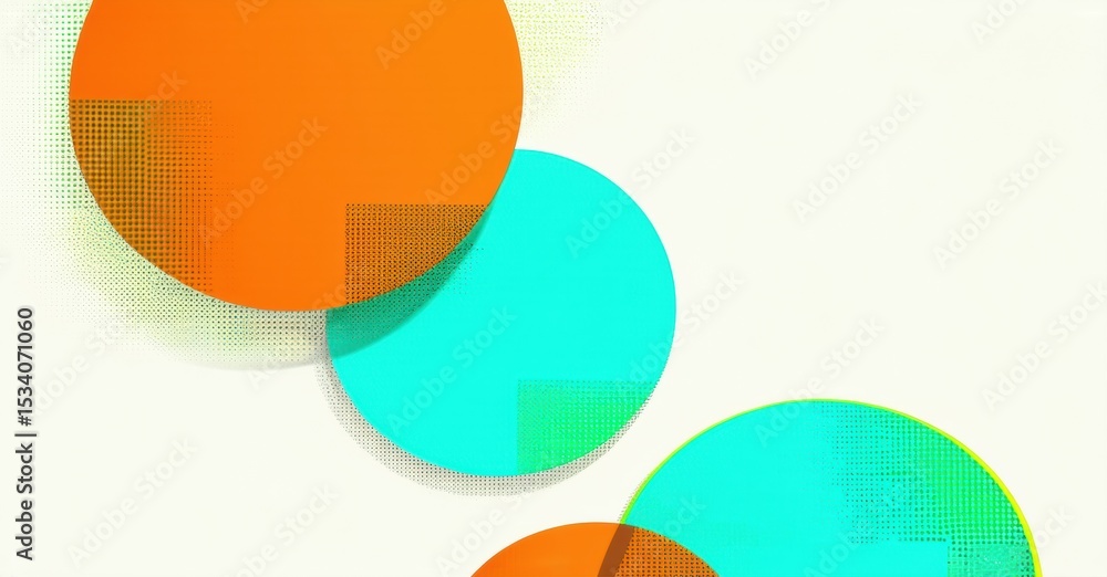 Poster abstract composition featuring overlapping circles. orange, turquoise hues dominate neutral backgrou