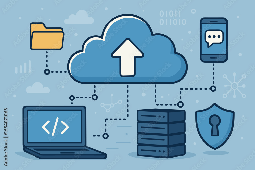 Poster cloud computing technology concept with icons. data storage, upload, server hosting, and network sec
