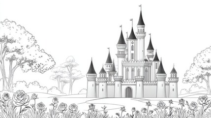 Fototapeta premium Adult Coloring Page: Detailed Line Art of Castle with Rose Garden | Thick Outline, Sticker Art Style, White Background