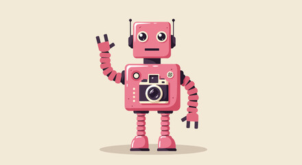 Pink cartoon robot with camera waving at viewer on beige background