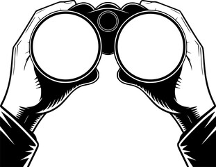 Black and White Binoculars Mockup Vector – Hand Drawn Silhouette of Hands Holding Binoculars with Empty Lenses for Custom Design, Logo Placement, or Landscape Scene Template Use	