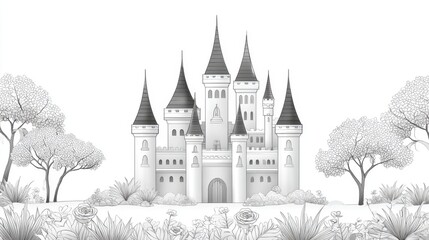 Obraz premium Adult Coloring Page: Detailed Line Art of Castle with Rose Garden | Thick Outline, Sticker Art Style, White Background
