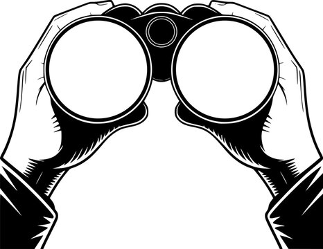Black and White Binoculars Mockup Vector – Hand Drawn Silhouette of Hands Holding Binoculars with Empty Lenses for Custom Design, Logo Placement, or Landscape Scene Template Use	