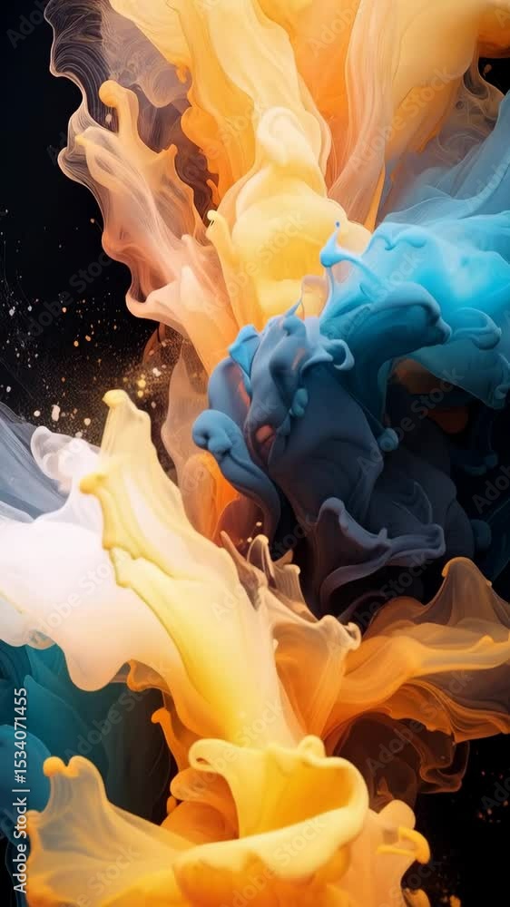 Poster swirling colorful fluid paint mixing with dark background creating abstract shapes in a vibrant comp